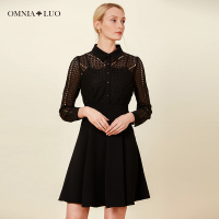 欧柏兰奴新款衬衫领优雅收腰显瘦连衣裙小黑裙中长款女