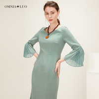 商场同款欧柏兰奴2019春季新款大V领优雅收腰长款连衣裙鱼尾裙女