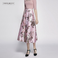 商场同款欧柏兰奴中长款粉色印花百褶裙半身裙