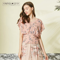 欧柏兰奴新款V领印花优雅收腰女上衣衬衫短袖夏