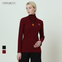 欧柏兰奴新款高领螺旋纹修身针织衫打底衫毛衣女配胸针