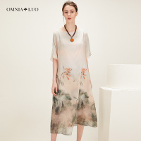 商场同款欧柏兰奴新款中国风水墨画五分袖中长连衣裙