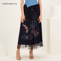 商场同款欧柏兰奴新款高腰印花双层叠视百褶半身裙纱裙中长款女