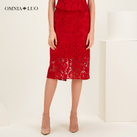 欧柏兰奴2019春季新款大红色高腰蕾丝半身裙一步裙中长款女