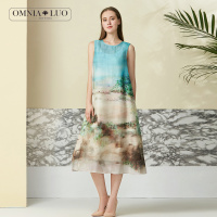 商场同款欧柏兰奴新款无袖桑蚕丝印花中长款连衣裙