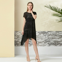 欧柏兰奴春夏新款不规则下摆短袖中长款连衣裙