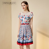 欧柏兰奴夏季修身收腰系腰带拼接短袖印花大码连衣裙女