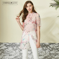 欧柏兰奴新款旗袍领印花透视清凉短袖女上衣中长款