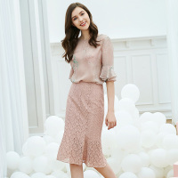 欧柏兰奴新款高腰休闲职业蕾丝粉色鱼尾裙半身裙女夏