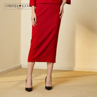 欧柏兰奴秋冬新款羊毛呢红色套装中长款半身裙一步裙长裙