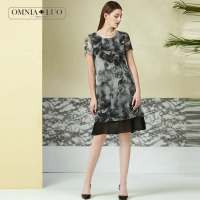 欧柏兰奴新款中国风水墨画雪纺连衣裙中长款