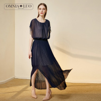 欧柏兰奴夏季新款荷叶袖收腰显瘦飘逸中长款百褶连衣裙女