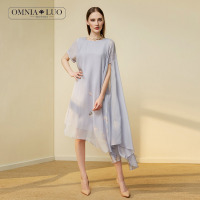 欧柏兰奴夏季不规则裙摆桑蚕丝短袖印花连衣裙