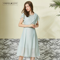 欧柏兰奴新款纯色木耳袖系带收腰中长款连衣裙女夏