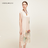 商场同款欧柏兰奴2019新款桑蚕丝水墨印花两件套H型中长款连衣裙