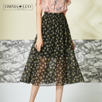 欧柏兰奴新款高腰印花透视半身裙百褶裙中长款女夏