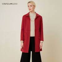 欧柏兰奴大衣冬装新款翻领收腰红色中长款毛呢大衣外套女