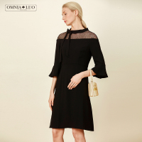 欧柏兰奴新款渔拼接领部系带七分喇叭袖连衣裙中长款女