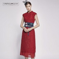 商场同款欧柏兰奴新款小立领大红色蕾丝中长款连衣裙