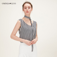 商场同款欧柏兰奴新款条纹V领无袖领带女上衣背心夏