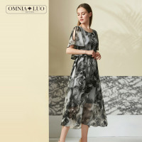 欧柏兰奴新款中国风水墨露肩假两件飘逸连衣裙中长款