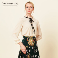 欧柏兰奴秋季新款木耳边系带甜美女上衣长袖白衬衫女