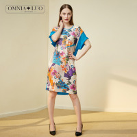 欧柏兰奴夏季新款宽松袖圆领印花短袖连衣裙中长款