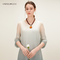 商场同款欧柏兰奴2019春季新款渐变色七分袖中长款气质连衣裙女