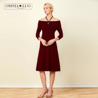 商场同款欧柏兰奴新款一字肩收腰七分袖针织连衣裙中长款女