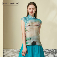 商场同款欧柏兰奴旗袍款旗袍领衬衫短袖上衣印花衬衫