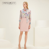 商场同款欧柏兰奴2019春季OL职业通勤印花拼接短款连衣裙一步裙女