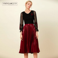 商场同款欧柏兰奴新款高腰红色百褶半身裙中长款女