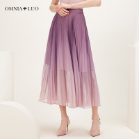 商场同款欧柏兰奴新款高腰甜美双层透视渐变色百褶半身裙中长款女