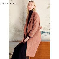 欧柏兰奴冬季新款系带人字纹韩版中长款双面呢大衣外套女