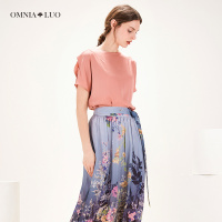 商场同款欧柏兰奴新款桑蚕丝纯色宽松大领口女上衣短袖