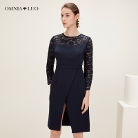 欧柏兰奴2019春季新款OL职业通勤蕾丝拼接九分袖侧开叉短款连衣裙