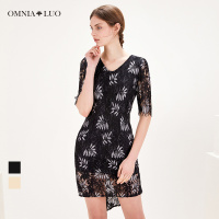 欧柏兰奴2019春季新款蕾丝印花五分袖收腰不规则鱼尾连衣裙短款女