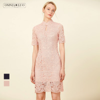 欧柏兰奴新款中国风旗袍领蕾丝修身显瘦中长款连衣裙女