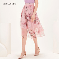 商场同款欧柏兰奴新款桑蚕丝高腰印花双层A字半身裙中长款女