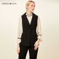欧柏兰奴秋冬新款OL职业通勤条纹翻领马甲无袖外套短款