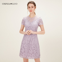 商场同款欧柏兰奴新款圆领透视蕾丝收腰显瘦短款A字连衣裙女