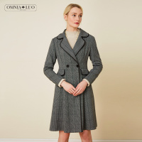 欧柏兰奴秋冬新款翻领格纹收腰中长款风衣外套 大衣女