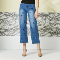 欧柏兰奴新款高腰时尚喷漆毛边宽松牛仔裤直筒裤九分裤女