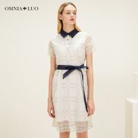 欧柏兰奴2019春季新款甜美衬衫polo领系带短袖连衣裙中长款女