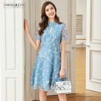 欧柏兰奴新款旗袍领小印花蕾丝收腰显瘦连衣裙中长款夏 女