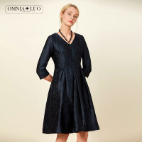 商场同款欧柏兰奴新款V领收腰七分袖中长款连衣裙蓬蓬裙女