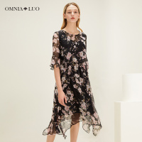 商场同款欧柏兰奴新款圆领印花收腰五分袖不规则长款连衣裙女