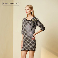 欧柏兰奴打底裙冬季新款五分袖格子连衣裙保暖打底毛衣裙