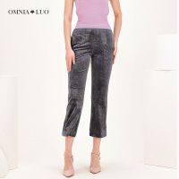 欧柏兰奴2019春季新款通勤时尚无腰头丝绒微喇八分裤女