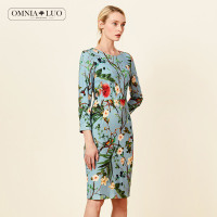 商场同款欧柏兰奴新款秋季印花长袖收腰连衣裙一步裙中长款